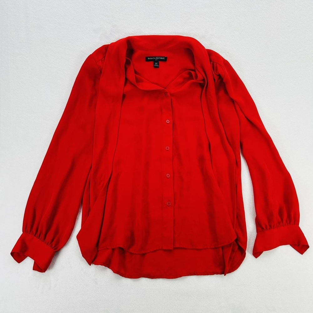 Banana Republic Blouse Womens Petite Small Red Tie Neck Long Sleeve Button Top